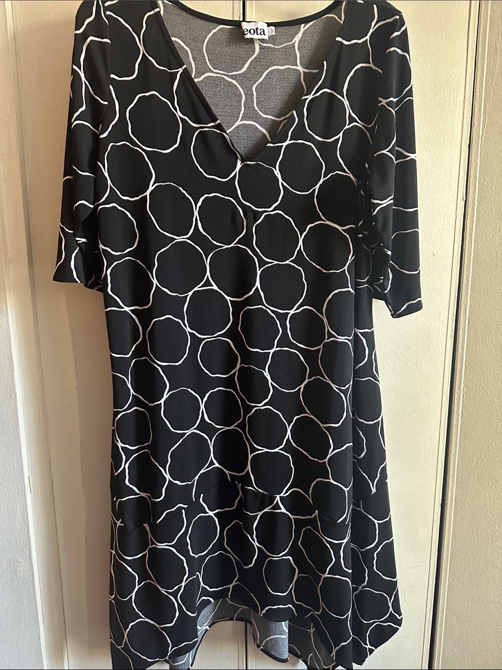 Leota Black V-Neck Dress with White Circle Print